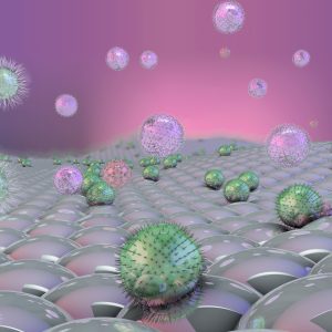 3d illustration of viruses and bacteria above shiny surface